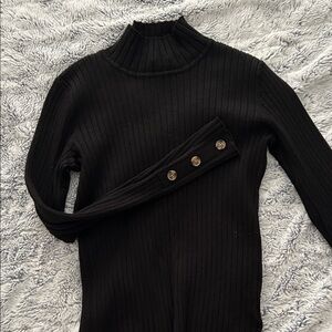 Black Ribbed Turtleneck Sweater with Button Detail